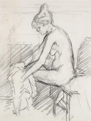Studio di nudo femminile, seduto, che asciuga il piede destro